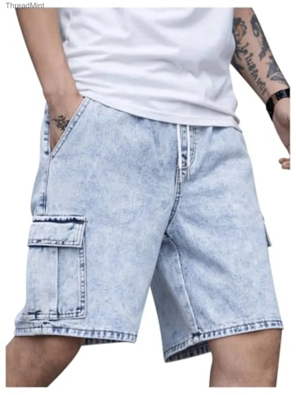 Men's Drawstring Cargo Jean Shorts with Flap Pockets, Loose Fit, Casual
